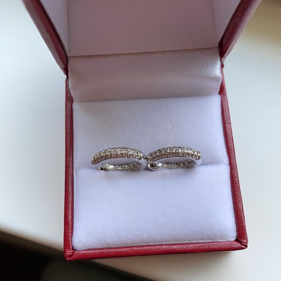14k Solid White Gold Diamond Hoop Earrings